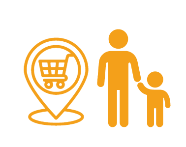 Verbraucher Icon, Person mit Standortsymbol und Einkaufswagen