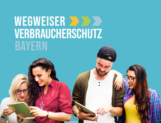 Wegweiser Verbraucherschutz Bayern Titelbild, Jugendliche blicken gemeinsam in ein Tablet